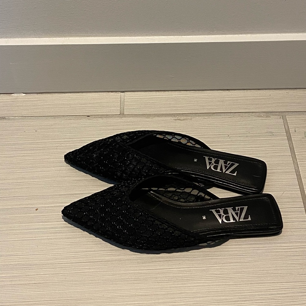 Zara Mesh Pointy toe Black Mule Flats